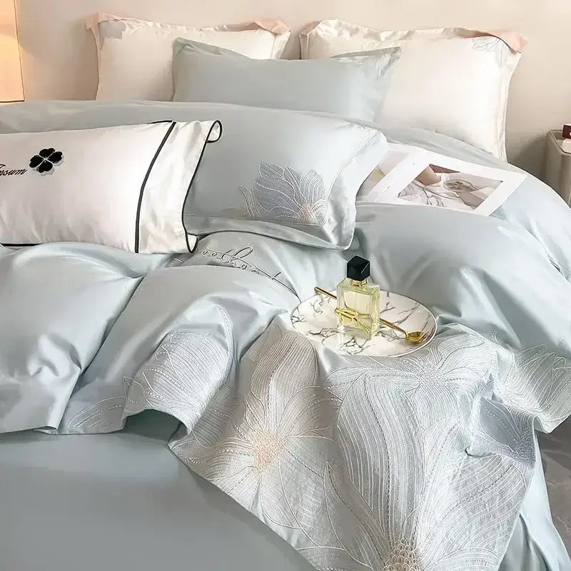Silver floral embroidery white bedding set bedroom cotton king size