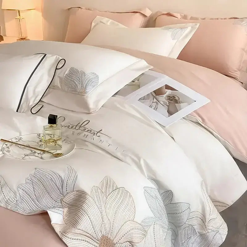 Silver floral embroidery white bedding set bedroom cotton king size