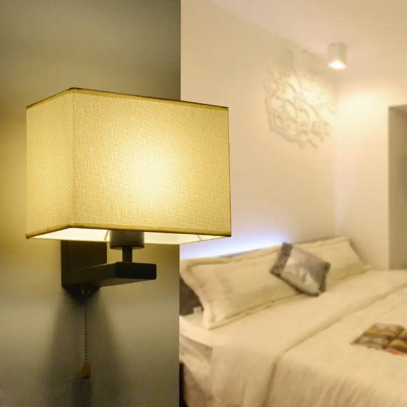 DecorBites™ Simple Style Fabric Rectangle Wall Lamp - 1 Bulb Beige Bedside Light Fixture