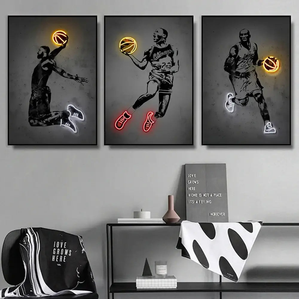 Modern sports stars neon wall art bedroom basketball poster