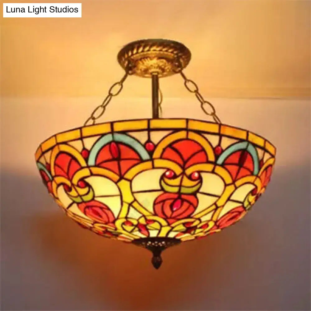 Floral stained glass ceiling light red and teal kitchen semi flush
