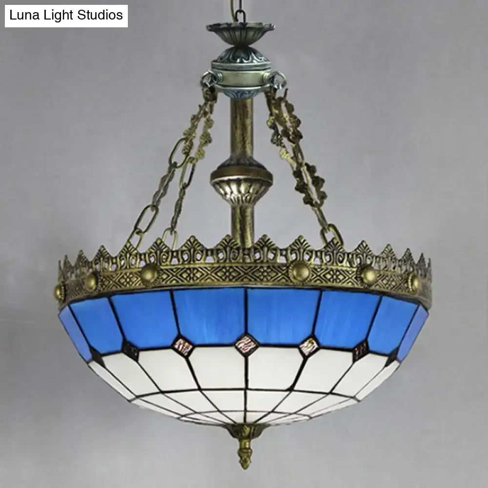 Blue and white stained glass ceiling pendant light kitchen brass accent