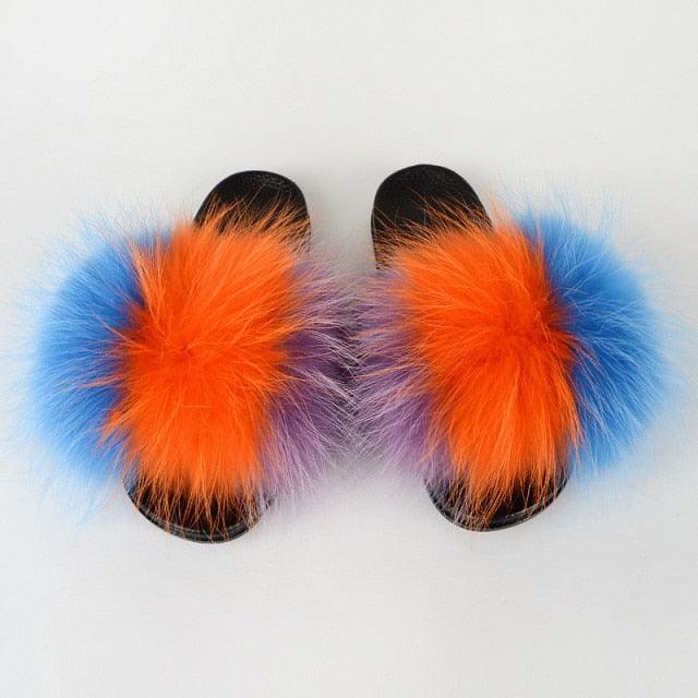 Summer Women Raccoon Fur Slippers Plush Slides Furry Sandals Fluffy House Shoes Girl's Cute Flip Flops Sandal With Soft Furry Faux Fox Fur House Outdoor Multicolor Slippers