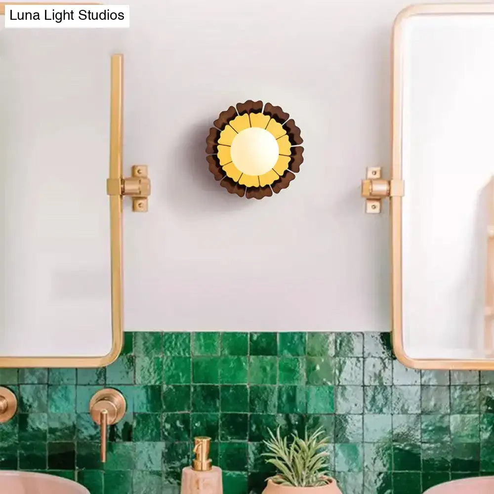 Sunflower yellow & wood wall sconce with matte white glass ball bedroom