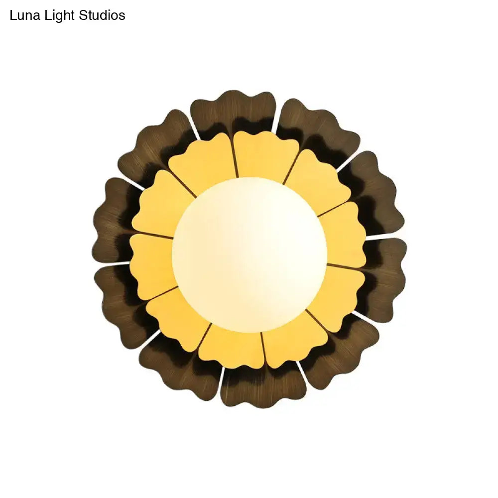 Sunflower yellow & wood wall sconce with matte white glass ball bedroom