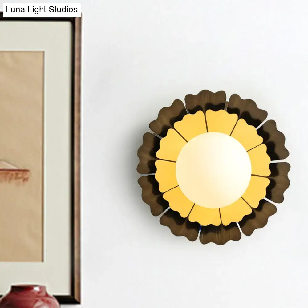 Sunflower yellow & wood wall sconce with matte white glass ball bedroom