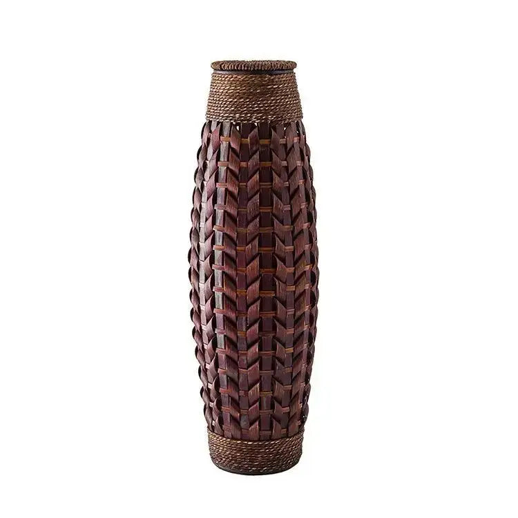 Tall dark brown bamboo woven vase living room herringbone decor