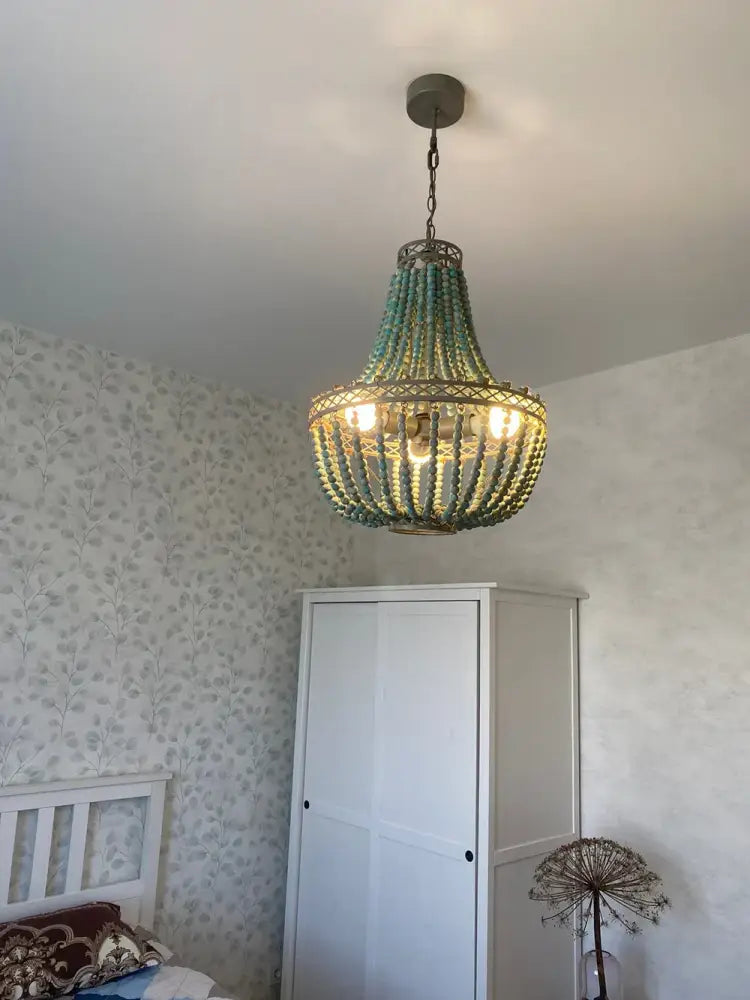 Teal blue wood beads pendant light bedroom woven chandelier