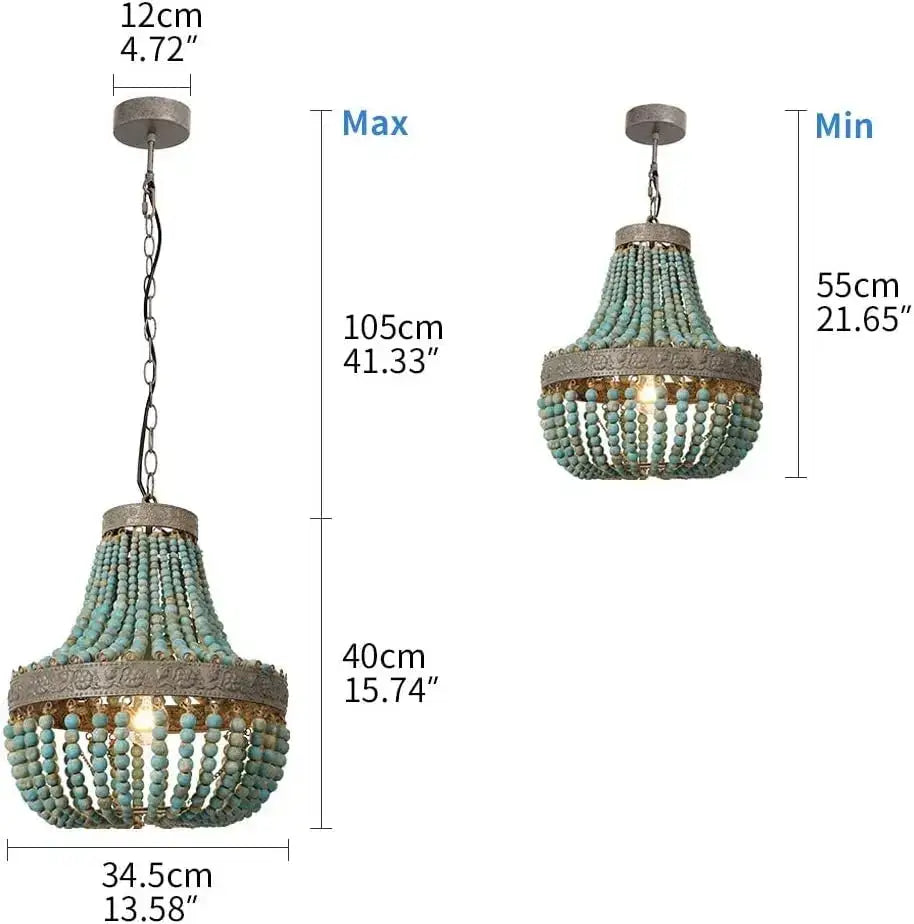 Teal blue wood beads pendant light bedroom woven chandelier