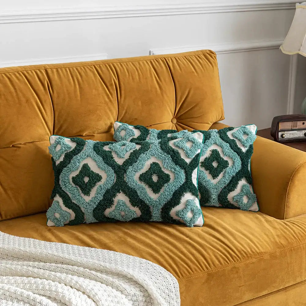 Teal & dark green boho tufted pillow covers living room decor