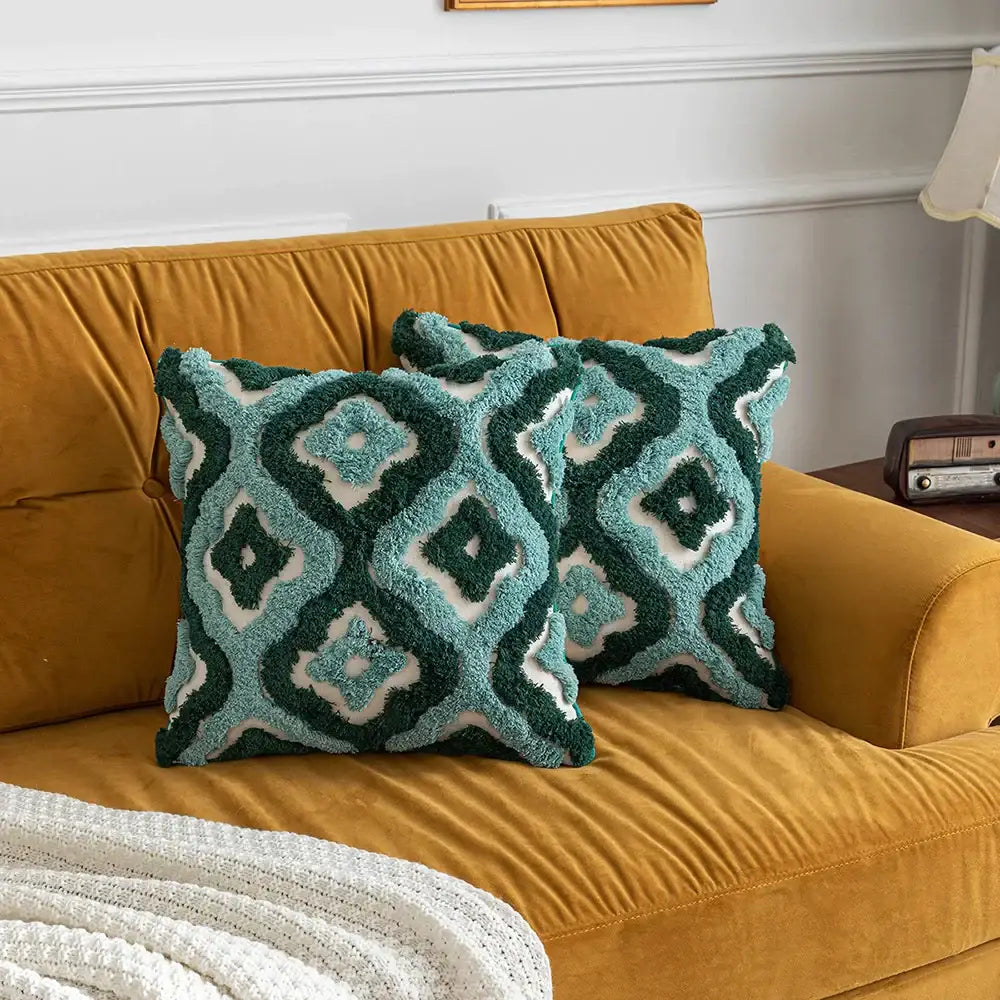 Teal & dark green boho tufted pillow covers living room decor
