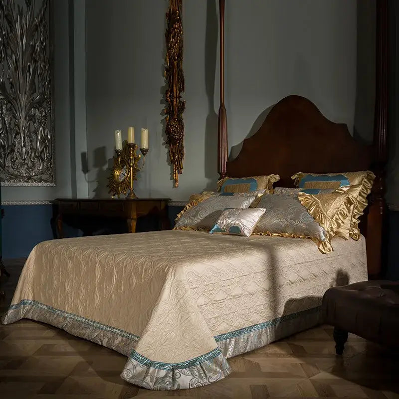 Teal & gold embroidered 200s egyptian cotton bedding set bedroom