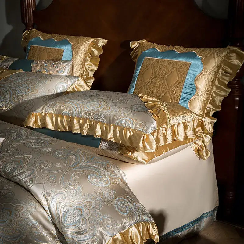 Teal & gold embroidered 200s egyptian cotton bedding set bedroom