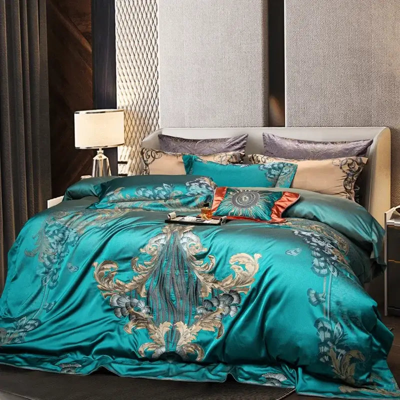 Teal silver & gold embroidered 1200tc jacquard bedding set bedroom