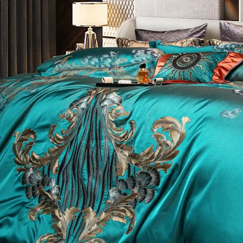 Teal silver & gold embroidered 1200tc jacquard bedding set bedroom