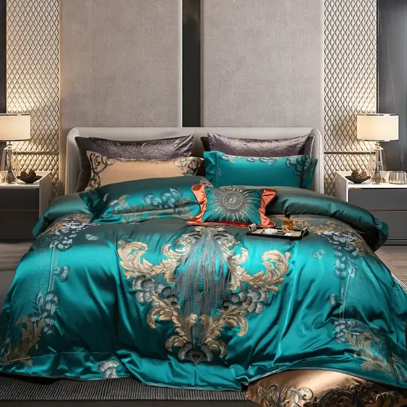 Teal silver & gold embroidered 1200tc jacquard bedding set bedroom