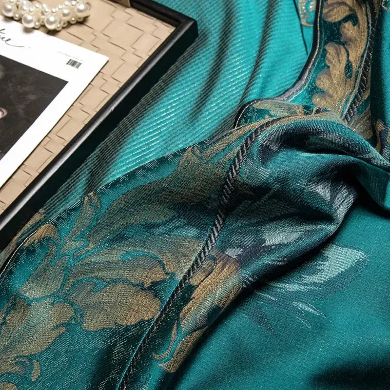 Teal silver & gold embroidered 1200tc jacquard bedding set bedroom
