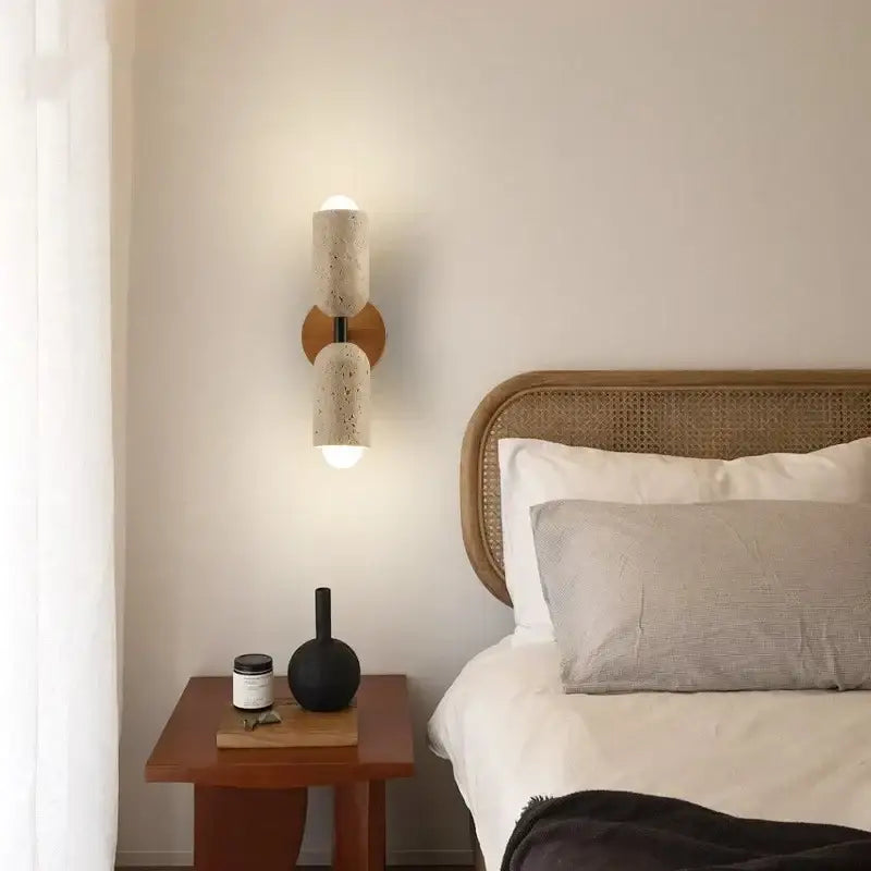 Textured beige concrete and wood led wall light bedroom sconce