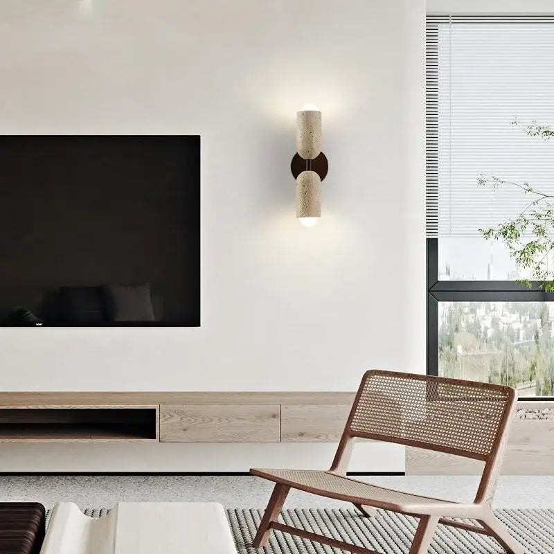 Textured beige concrete and wood led wall light bedroom sconce