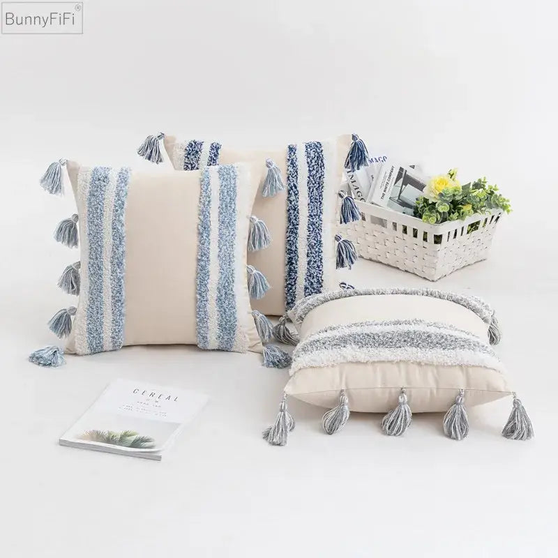 Textured blue & beige striped cushion cover living room tassel pillow