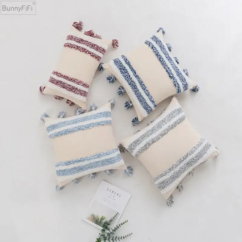 Textured blue & beige striped cushion cover living room tassel pillow