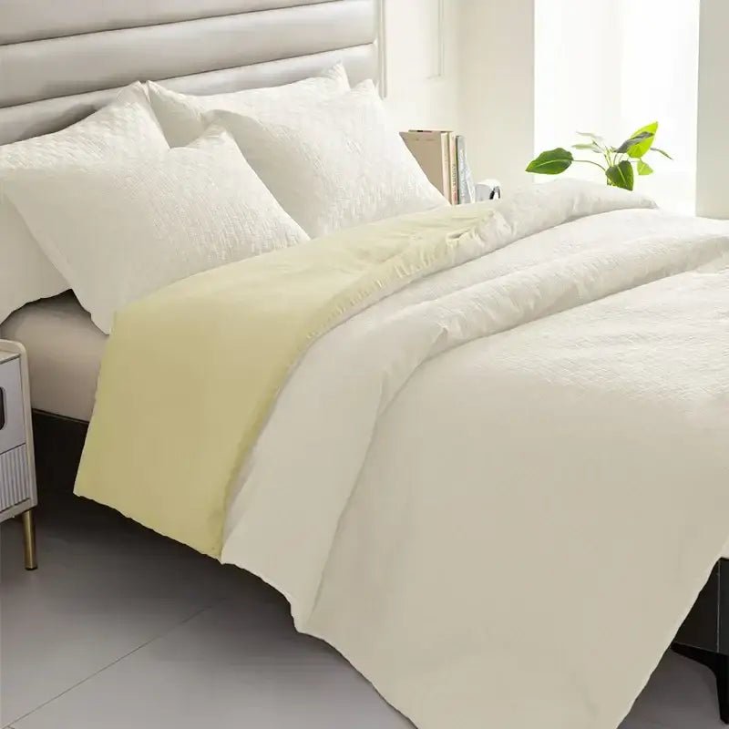 Textured cream & pale yellow pillowcase quilt set bedroom bedding