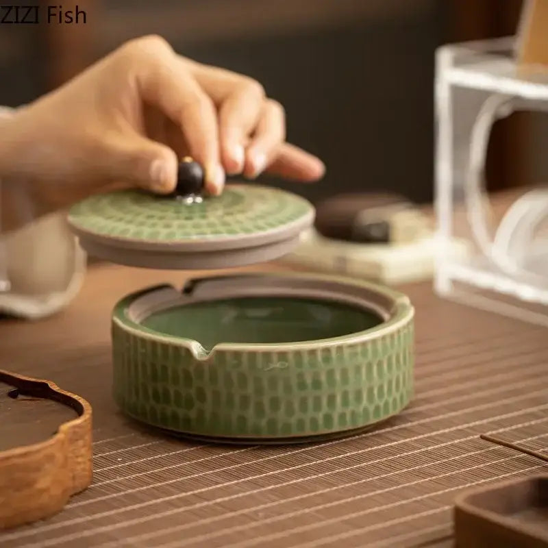 DecorBites™ Ceramic Ashtray with Lid - Stylish Smoking Accessories for Home and Office
