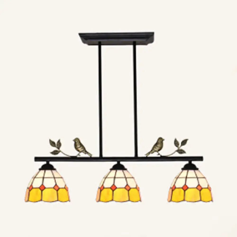 DecorBites™ Tiffany Style Dome Shade Island Lighting - 3-Head Antique Brass/Black Hanging Lamp with Bird Accent