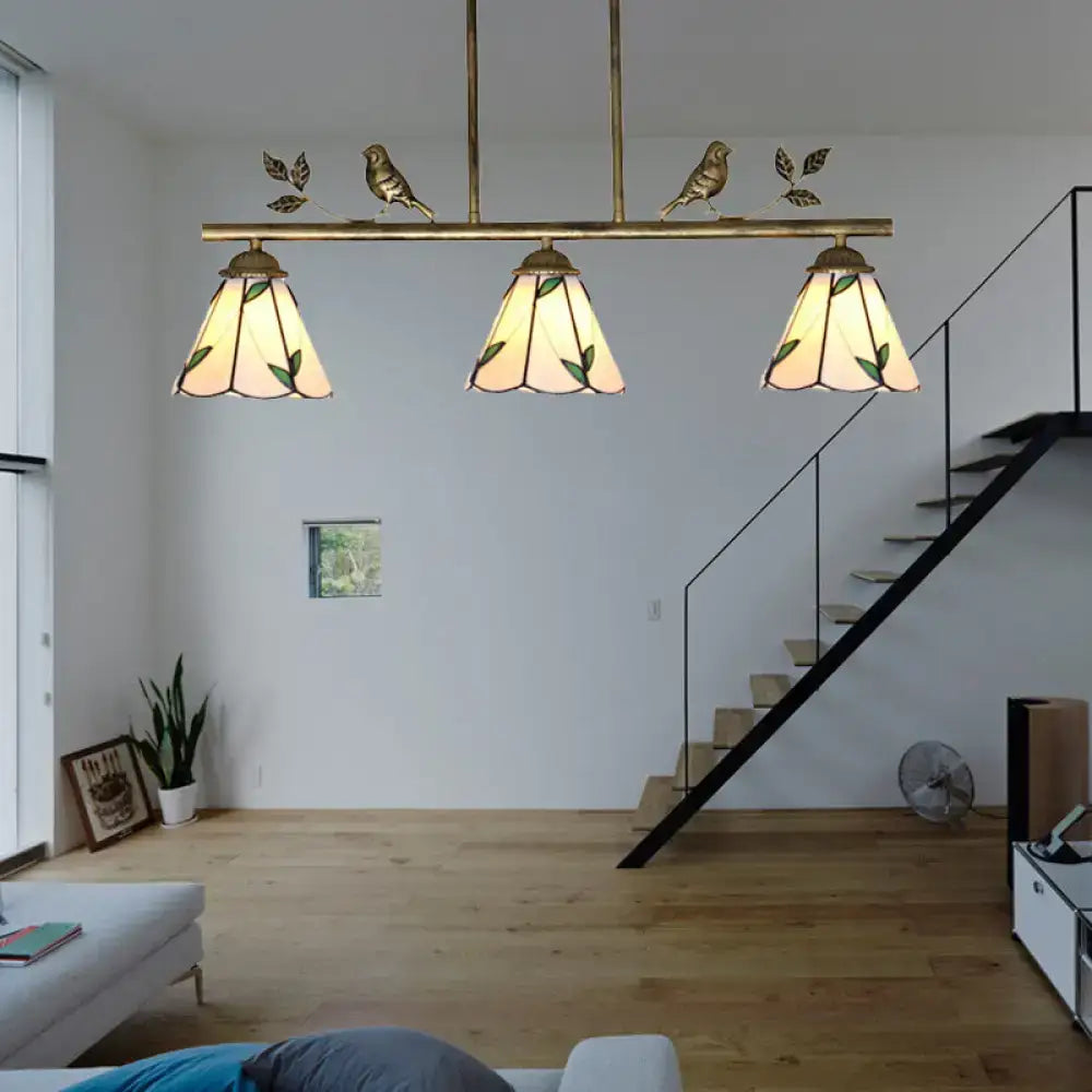 DecorBites™ Tiffany Style Stainless Glass Cone Shade Island Lighting Fixture with Leaf Pattern - 3 Lights, Beige Hanging Lamp