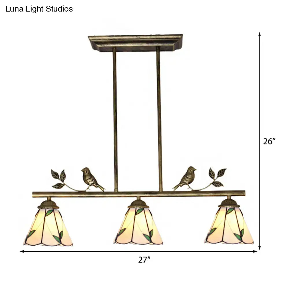 DecorBites™ Tiffany Style Stainless Glass Cone Shade Island Lighting Fixture with Leaf Pattern - 3 Lights, Beige Hanging Lamp