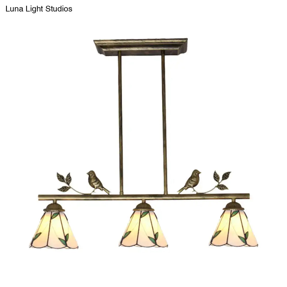 DecorBites™ Tiffany Style Stainless Glass Cone Shade Island Lighting Fixture with Leaf Pattern - 3 Lights, Beige Hanging Lamp