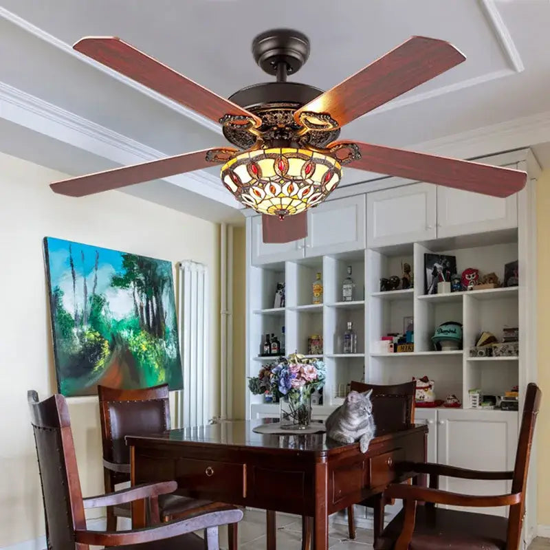 Tiffany stained glass brown wood ceiling fan light living room