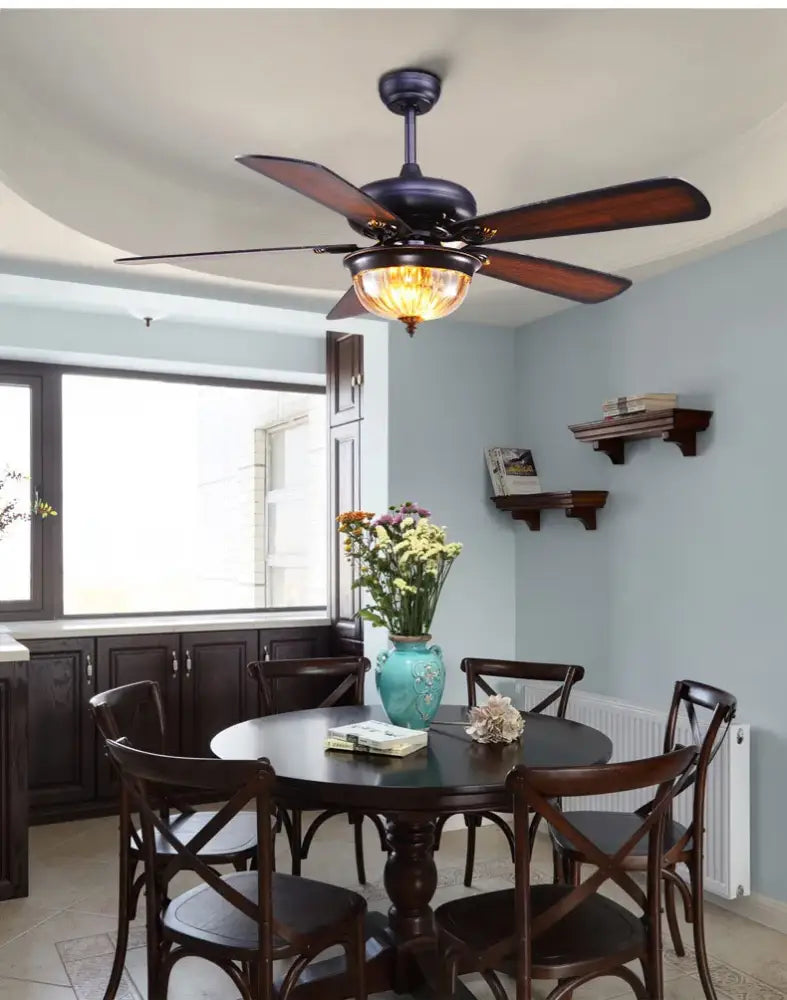 Tiffany stained glass brown wood ceiling fan light living room