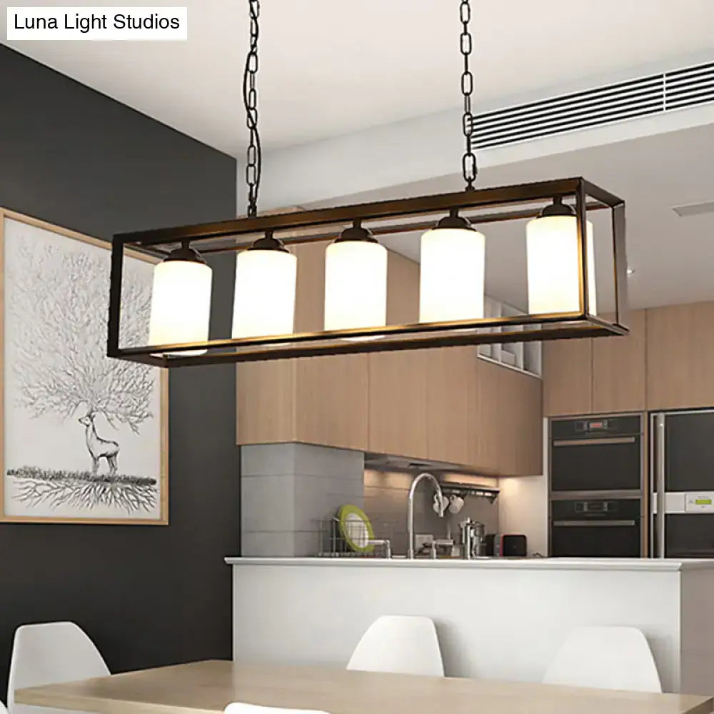 Traditional black & brass island pendant with opal glass kitchen light