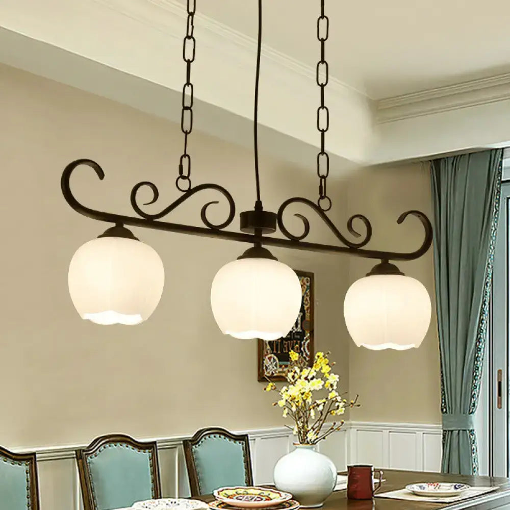 DecorBites™ Traditional Black Flower Island Lighting Fixture with Milky Glass - 3 Bulbs Dining Room Pendant Light