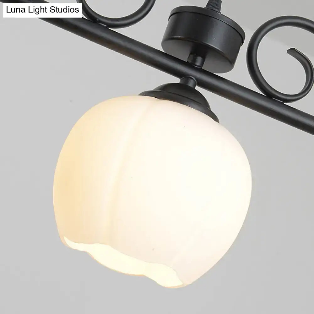 DecorBites™ Traditional Black Flower Island Lighting Fixture with Milky Glass - 3 Bulbs Dining Room Pendant Light
