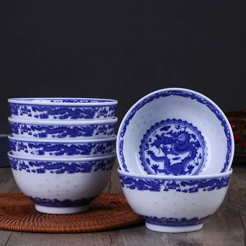 DecorBites™ Blue And White Porcelain Dragon Rice Bowls Set