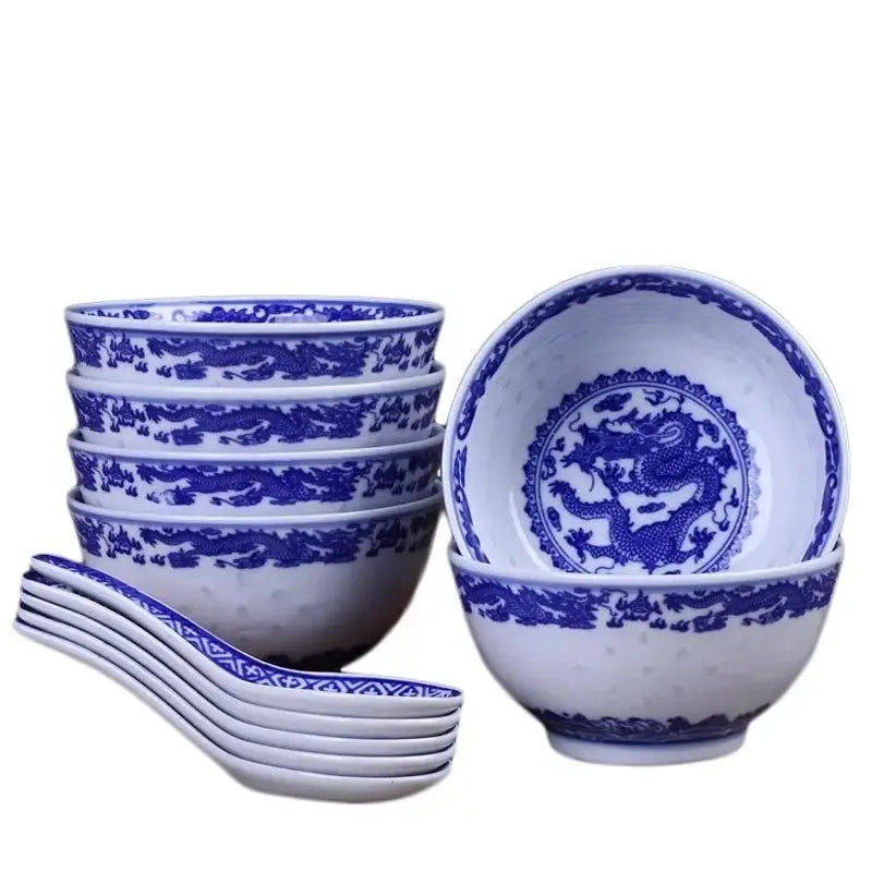 DecorBites™ Blue And White Porcelain Dragon Rice Bowls Set