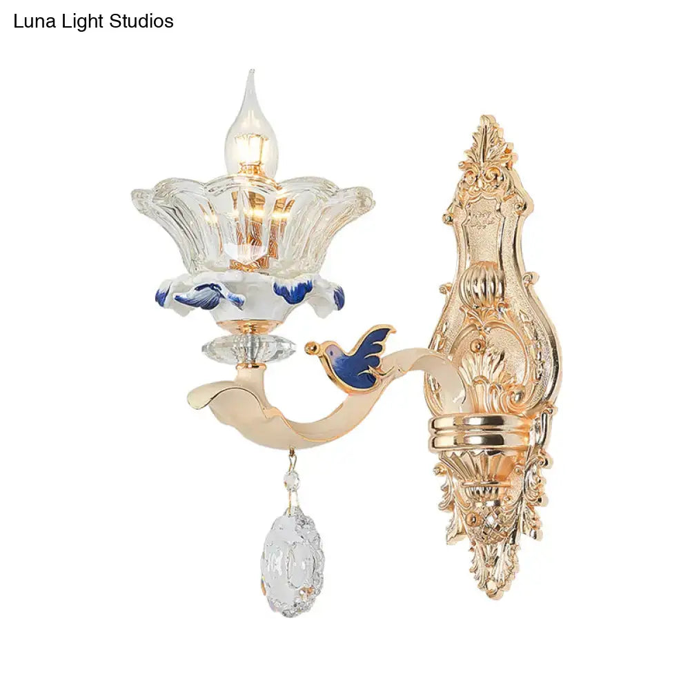 Traditional brass crystal flower wall sconce light living room bird