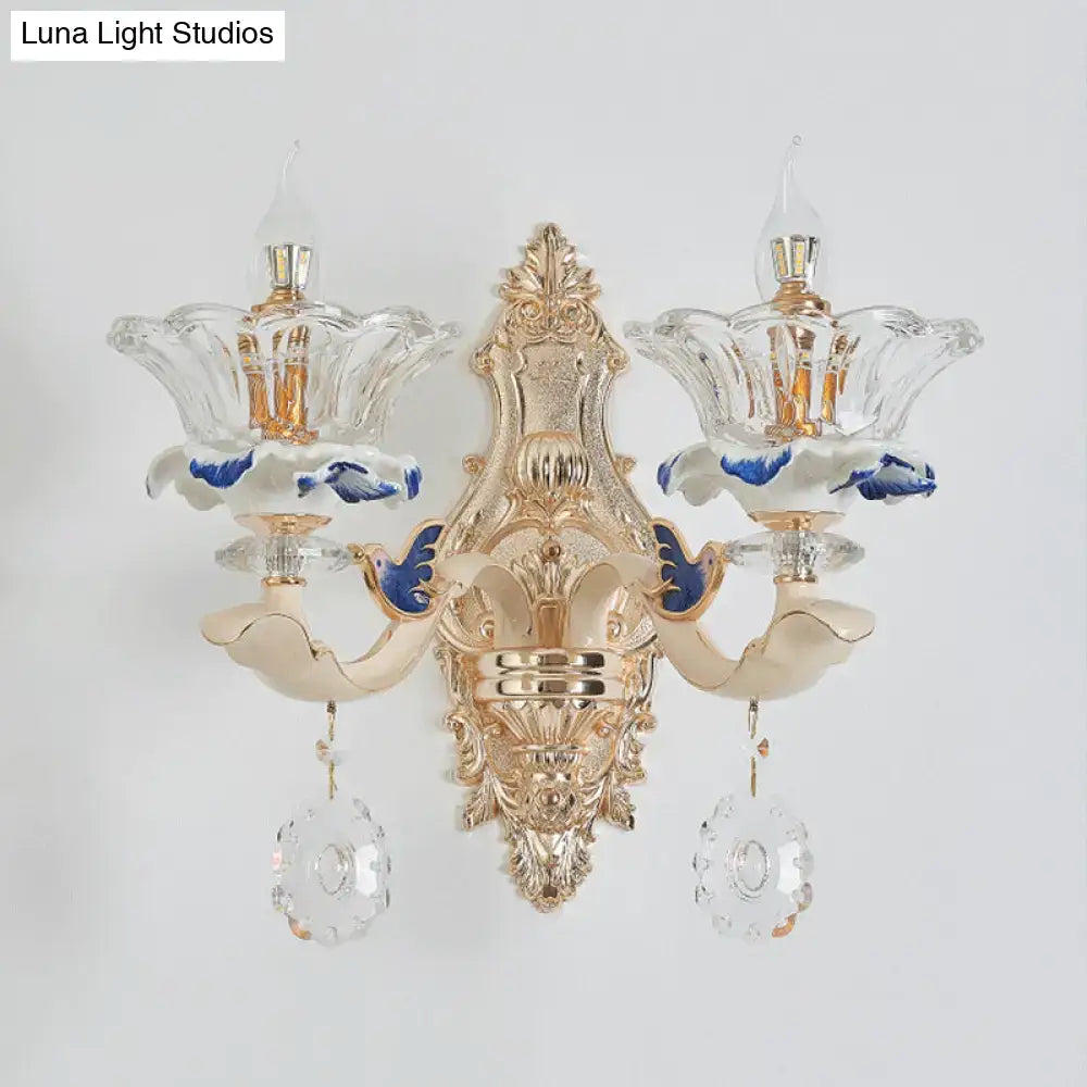 Traditional brass crystal flower wall sconce light living room bird
