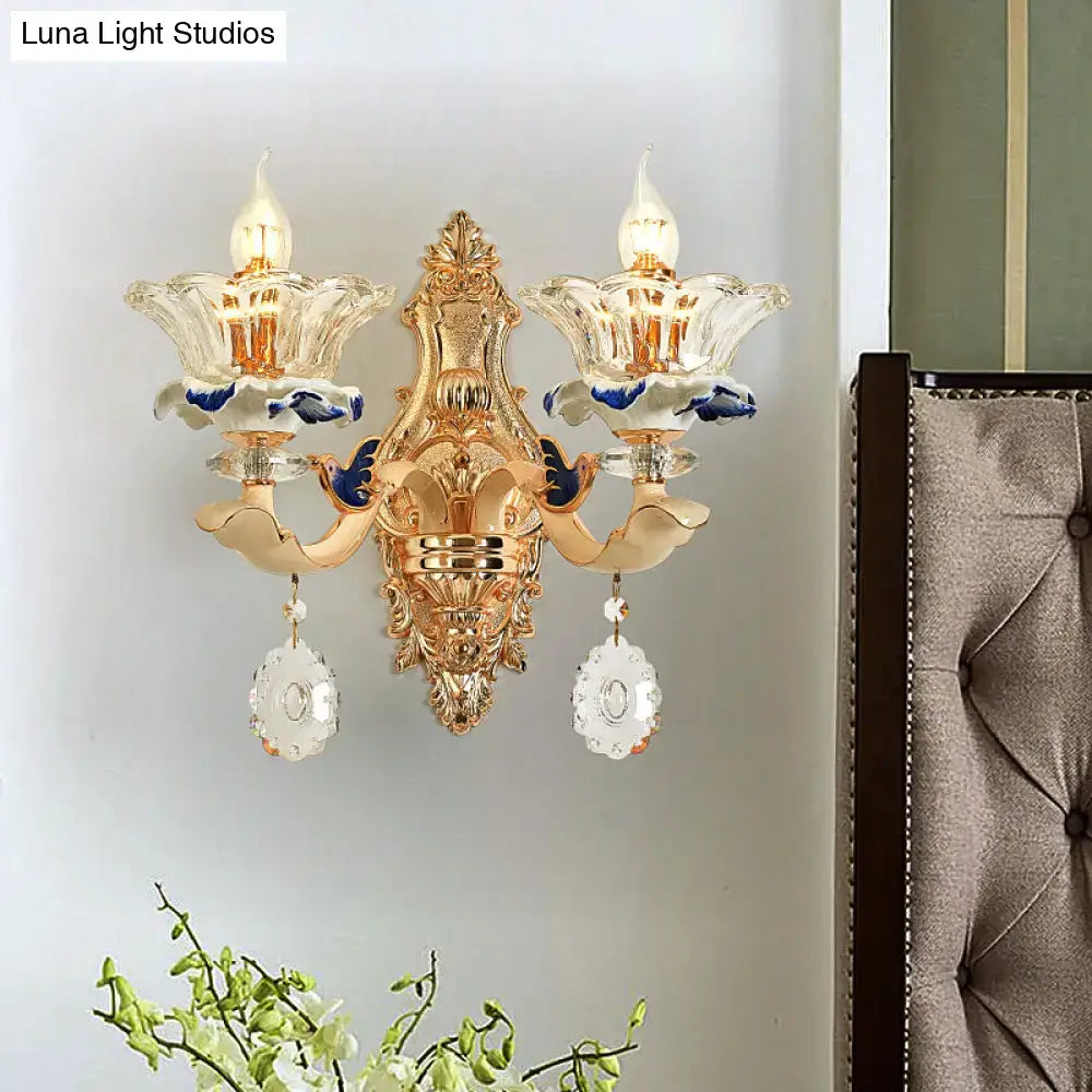 Traditional brass crystal flower wall sconce light living room bird