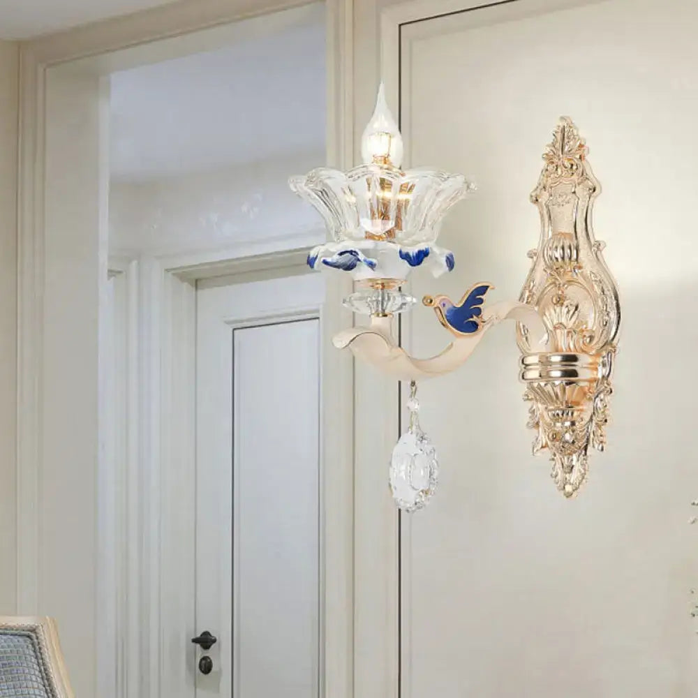 Traditional brass crystal flower wall sconce light living room bird