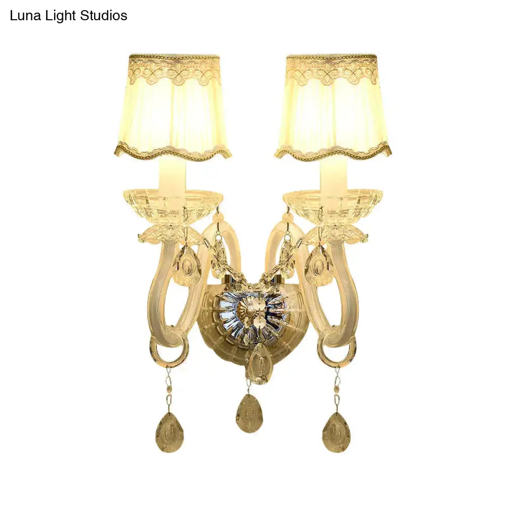 Traditional gold crystal candle wall lamp for bedroom with lace shade