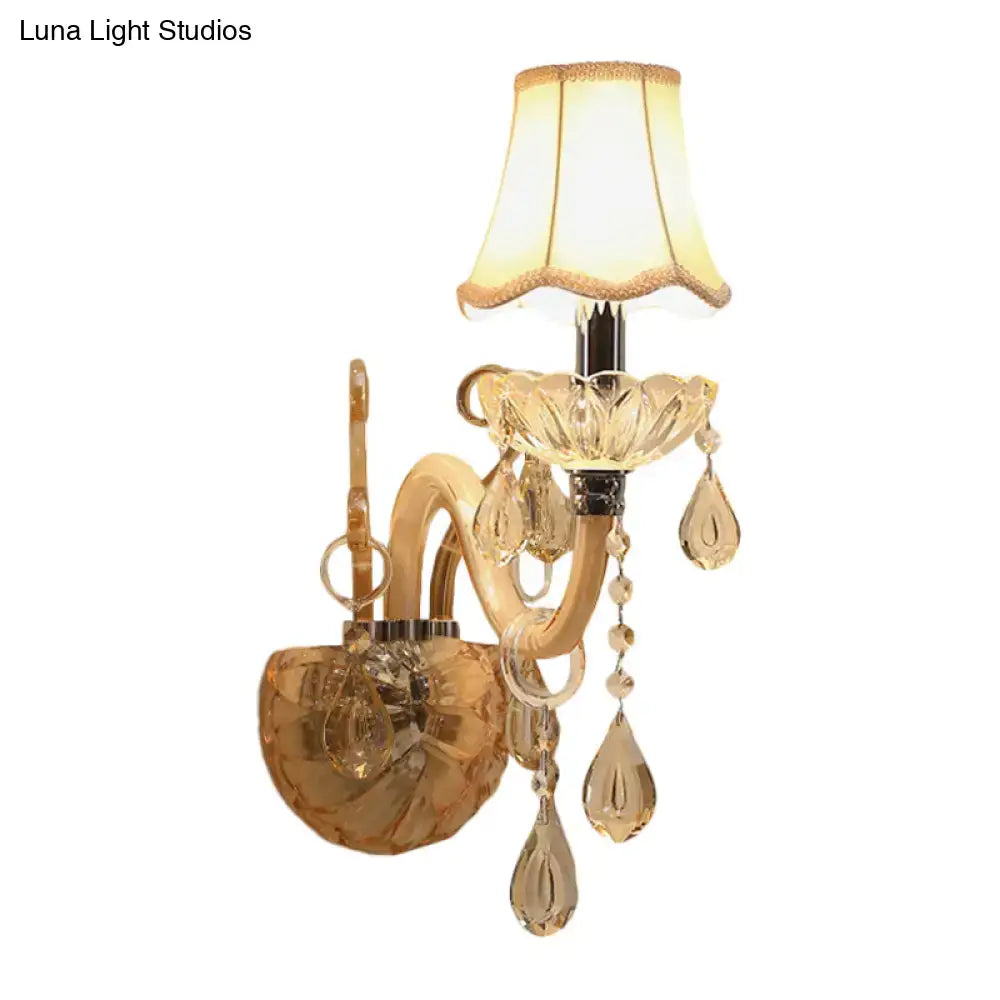 Traditional gold crystal wall sconce with fabric shade bedroom light