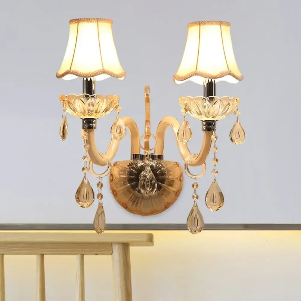 Traditional gold crystal wall sconce with fabric shade bedroom light