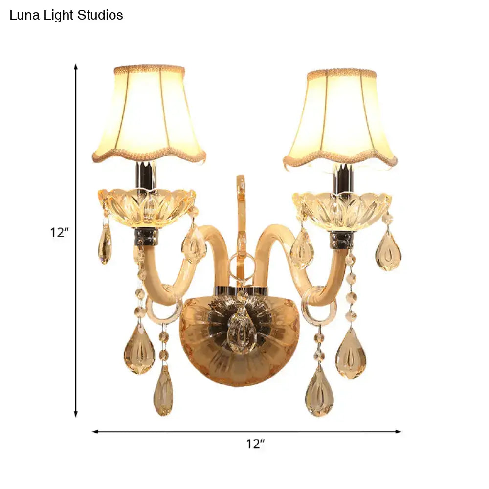 Traditional gold crystal wall sconce with fabric shade bedroom light