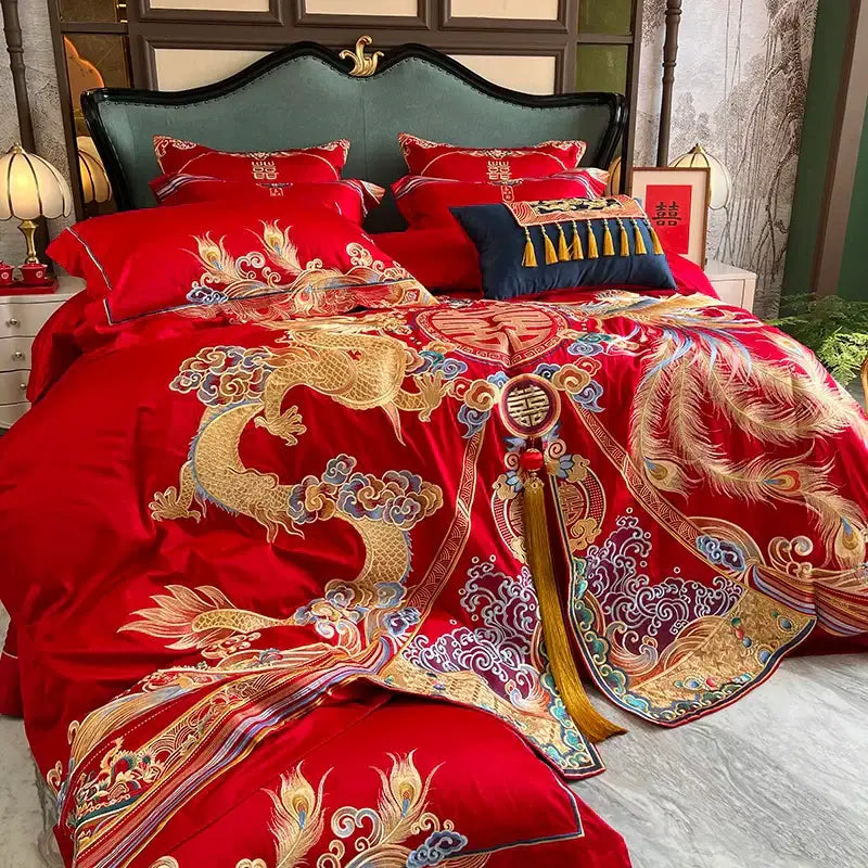 DecorBites™ Luxury Gold Loong Phoenix Embroidery Bedding Set, 1000TC Egyptian Cotton