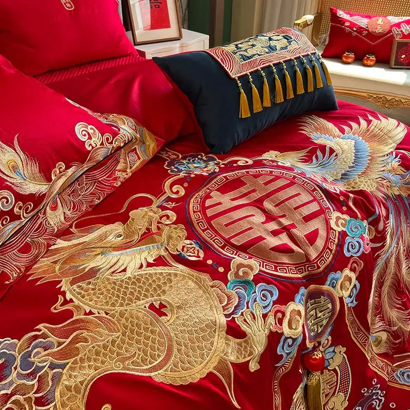 DecorBites™ Luxury Gold Loong Phoenix Embroidery Bedding Set, 1000TC Egyptian Cotton