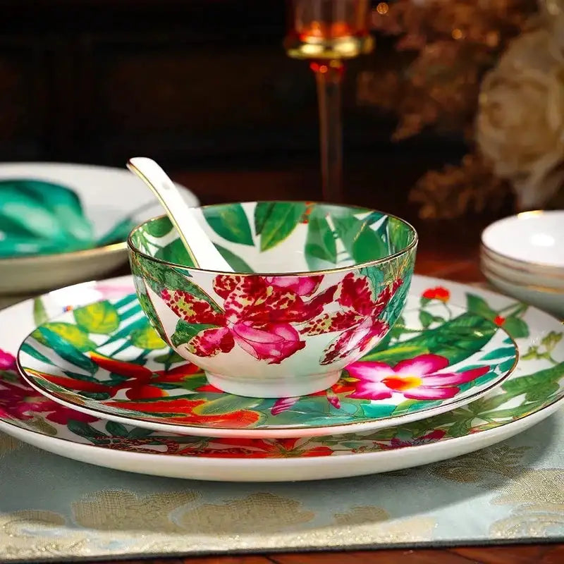 Tropical green & yellow leaf collection porcelain tea set dining room