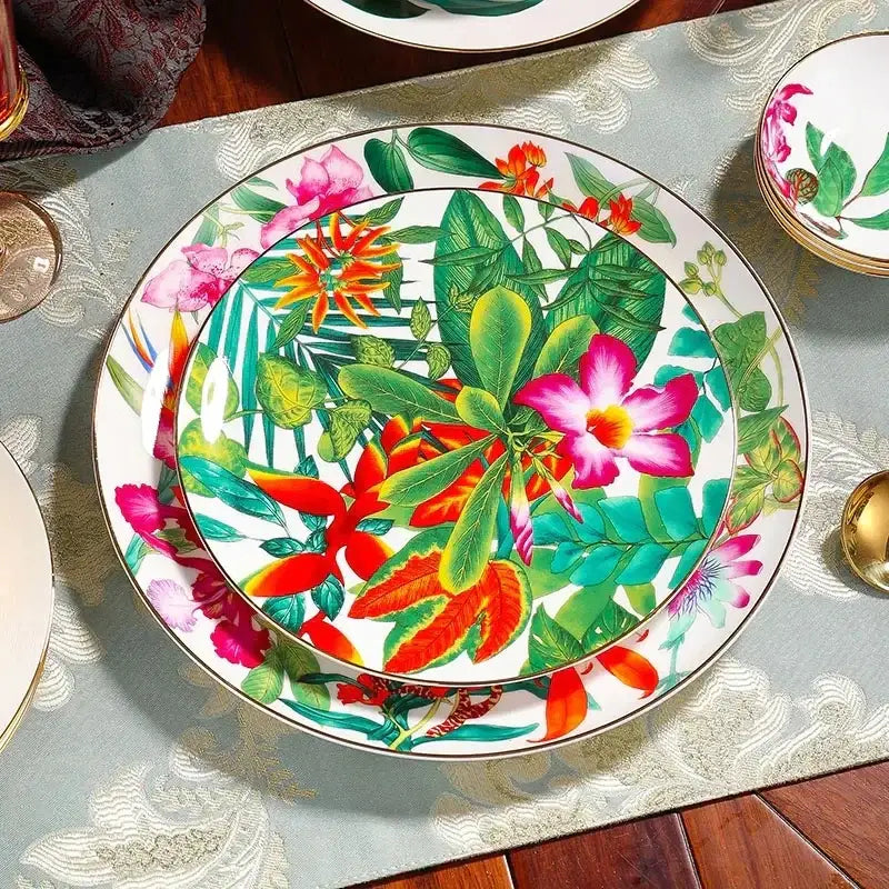 Tropical green & yellow leaf collection porcelain tea set dining room